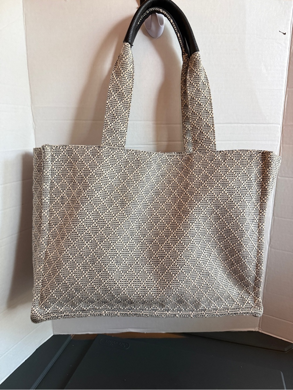 Sonoma Cream and Black Woven Tote with Black Handles